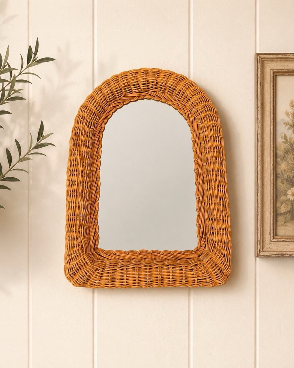 Vintage Wicker Rattan Mirror Arched Wall Hanging Boho Coastal Cottage MCM 15x12
